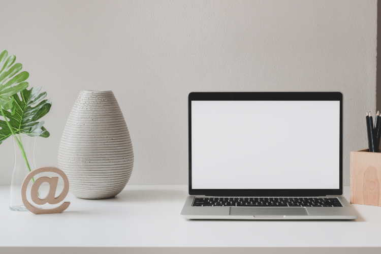 Tworzenie stron internetowych – laptop, wazon i symbol strony internetowej